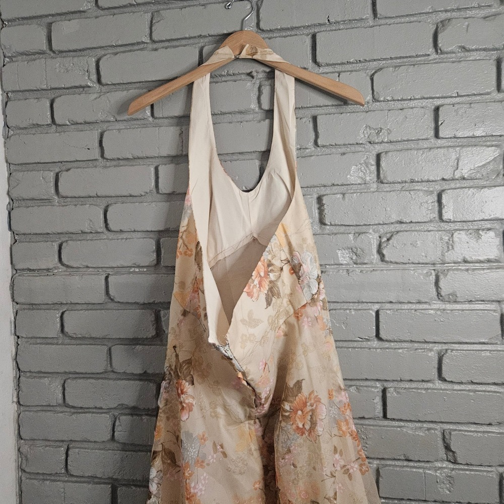 Vintage 70s ILGWU Floral Halter Maxi Dress Peach Orange Boho Prom Gown Size 10 - Picture 3 of 8
